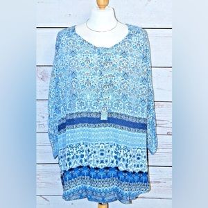 NINE WEST Size XXL Blue & White 3/4 Length Sleeves Tunic Blouse